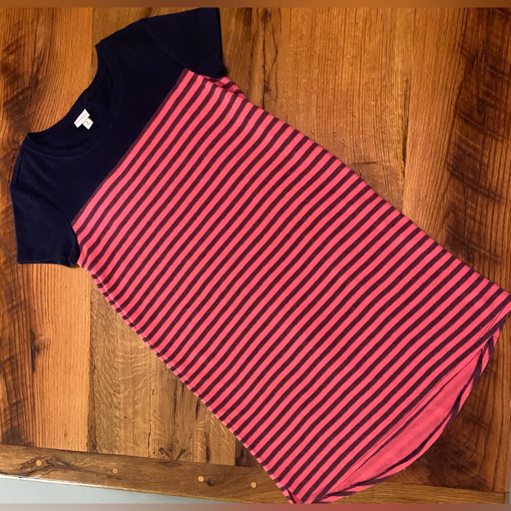Merona Striped Pink and Navy Short Sleeve Dress with Small Slits, Size Medium